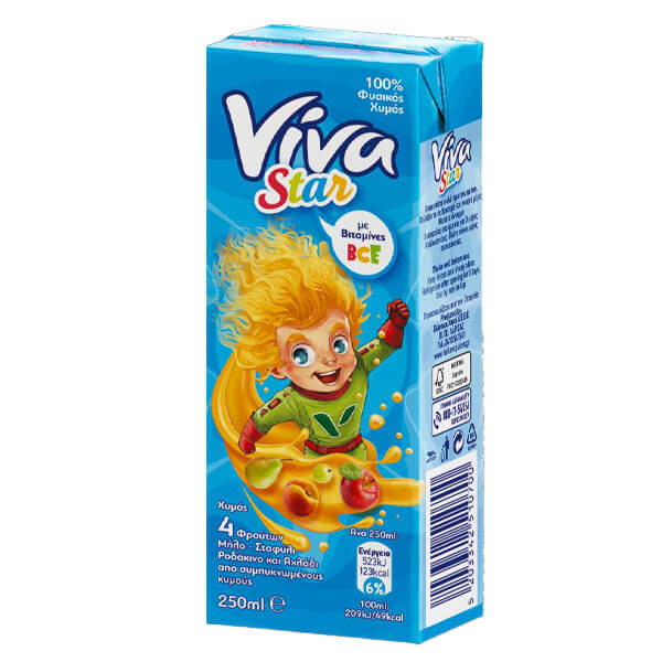 Viva Star 250ml Μήλο-Σταφύλι-Ροδάκινο-Αχλάδι 100% Φυσικός Χυμός
