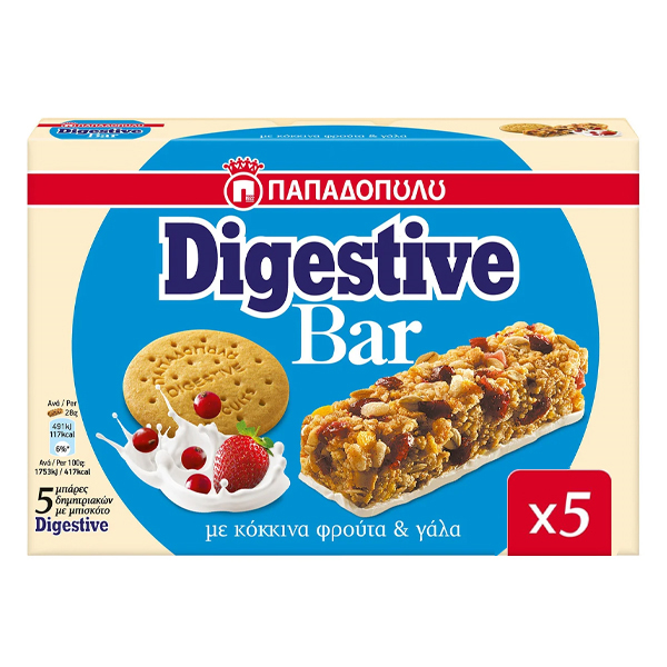 Παπαδοπούλου Digestive Bars (5x28gr) - Γάλα & Φρούτα