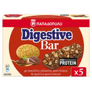 Παπαδοπούλου Digestive Bars με Πρωτεΐνη (5x28gr.) - Σοκολάτα Γάλακτος, Φουντούκια & Πραλίνα Φουντούκιού