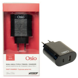 Osio Φορτιστής Ταχείας Φόρτισης με USB και Type C Υποδοχή - Μαύρος