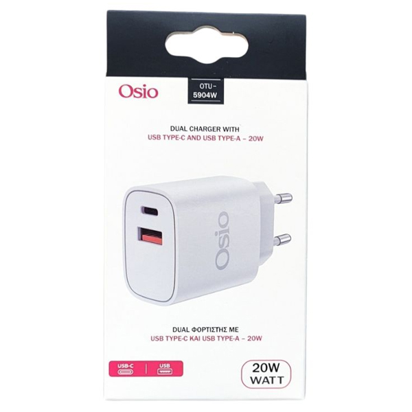 Osio Φορτιστής Ταχείας Φόρτισης με USB και Type C Υποδοχή - Άσπρος