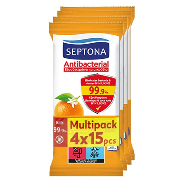 Septona Υγρά Μαντηλάκια (4x15τεμ.) - Πορτοκάλι