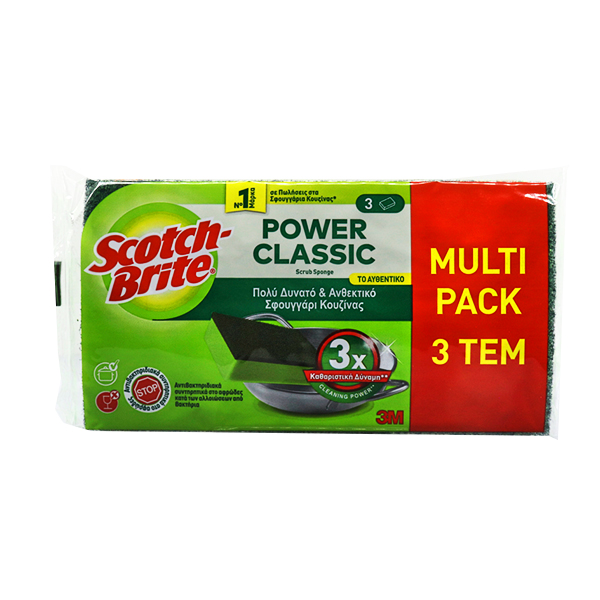 Scotch Brite Σφουγγάρι (3τμχ) - Πράσινο Classic Αντιβακτηριδιακό
