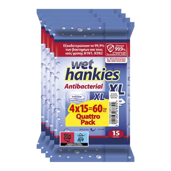 WET HANKIES Υγρά Μαντηλάκια 4x15τεμ. (Antibacterial)
