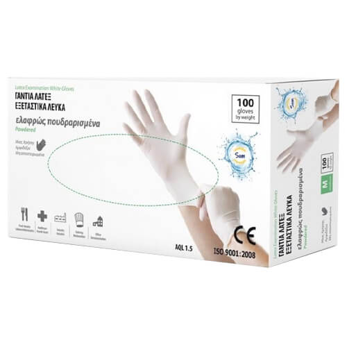 SAM Γάντια Latex Ελαφρώς Πουδραρισμένα Λευκά 100τεμ. Small