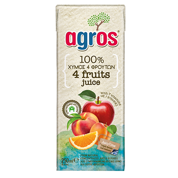 AGROS Χυμός 250ml (4 Φρούτα) (Μήλο-Πορτοκάλι-Ροδάκινο-Βερίκοκο 100% Φυσικός)