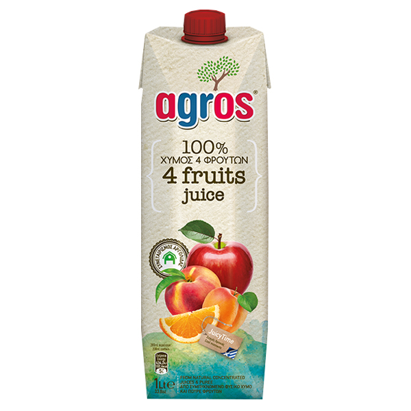 AGROS Χυμός 1lt (4 Φρούτα) (Μήλο-Πορτοκάλι-Ροδάκινο-Βερίκοκο 100% Φυσικός)