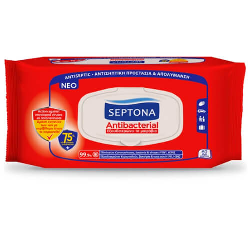 Septona Υγρά Μαντηλάκια (60τεμ.) - Κόκκινα/Αντιβακτηριδιακά