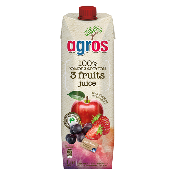 Agros Χυμός 1lt (3 Φρούτα) (Μήλο-Σταφύλι-Φράουλα 100% Φυσικός)