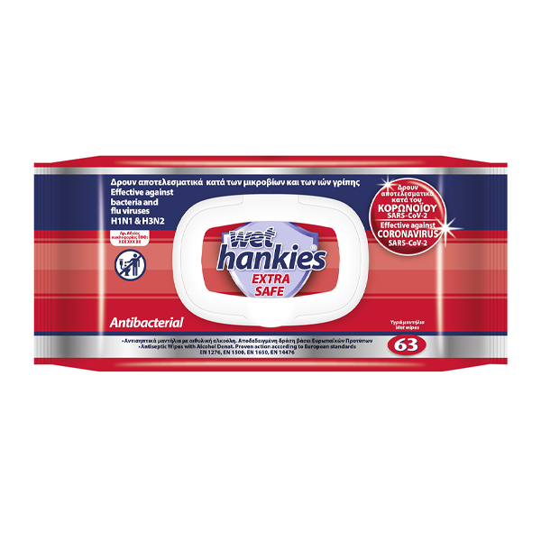 WET HANKIES Υγρά Μαντηλάκια 63τεμ. Extra Safe