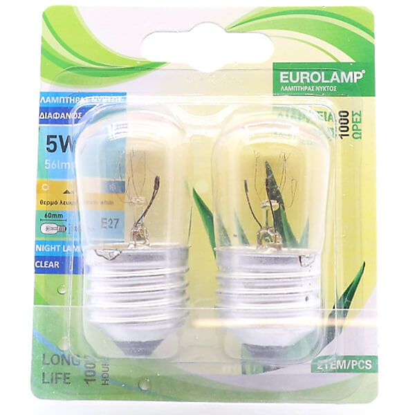 Eurolamp Λάμπα Νυκτός 5W E27 Διαφανής 2τμχ Blister 220-240V