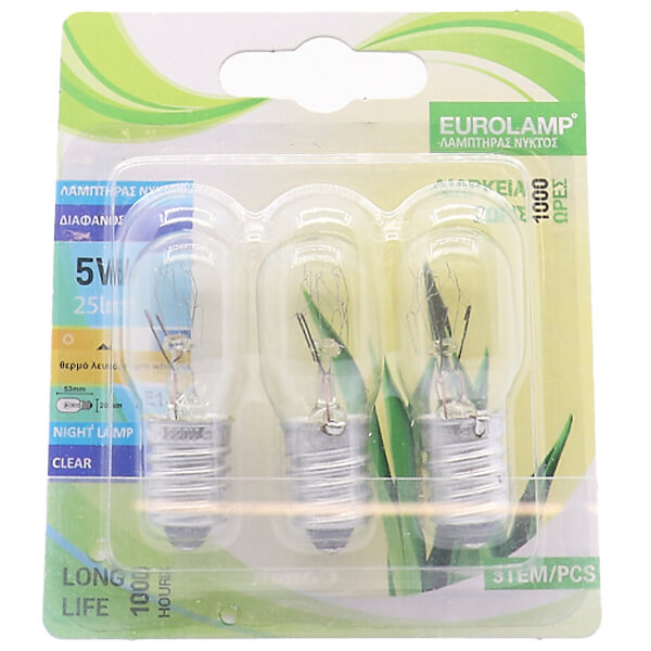 Eurolamp Λάμπα Νυκτός 5W E14 Διάφανη 3τμχ Blister 220-240V
