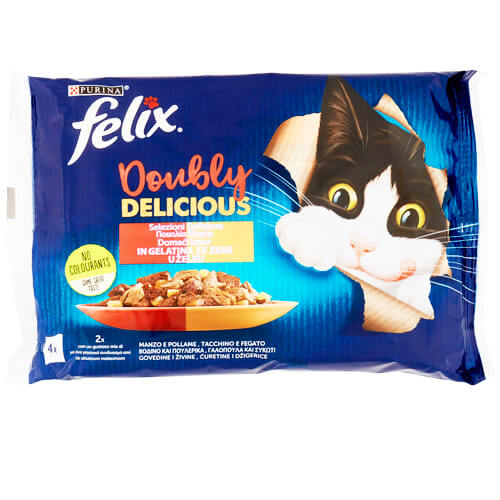 Felix Doubly Delicious Γατοτροφή σε Ζελέ (4x85gr.) - (Ποικιλία Κρεατικών)