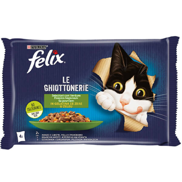 Felix Γατοτροφή σε Ζελέ (4x85gr) - Βοδινό με Καρότο, Κοτόπουλο, Ντομάτα