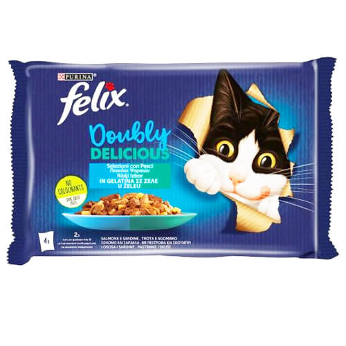 Felix Doubly Delicious Γατοτροφή σε Ζελέ (4x85gr.) - (Ποικιλία Ψαρικών)