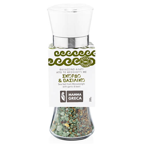 Mamma Greca Αλάτι Μεσολογγίου με Σκόρδο & Βασιλικό 200gr (Βάζο με Μύλο)
