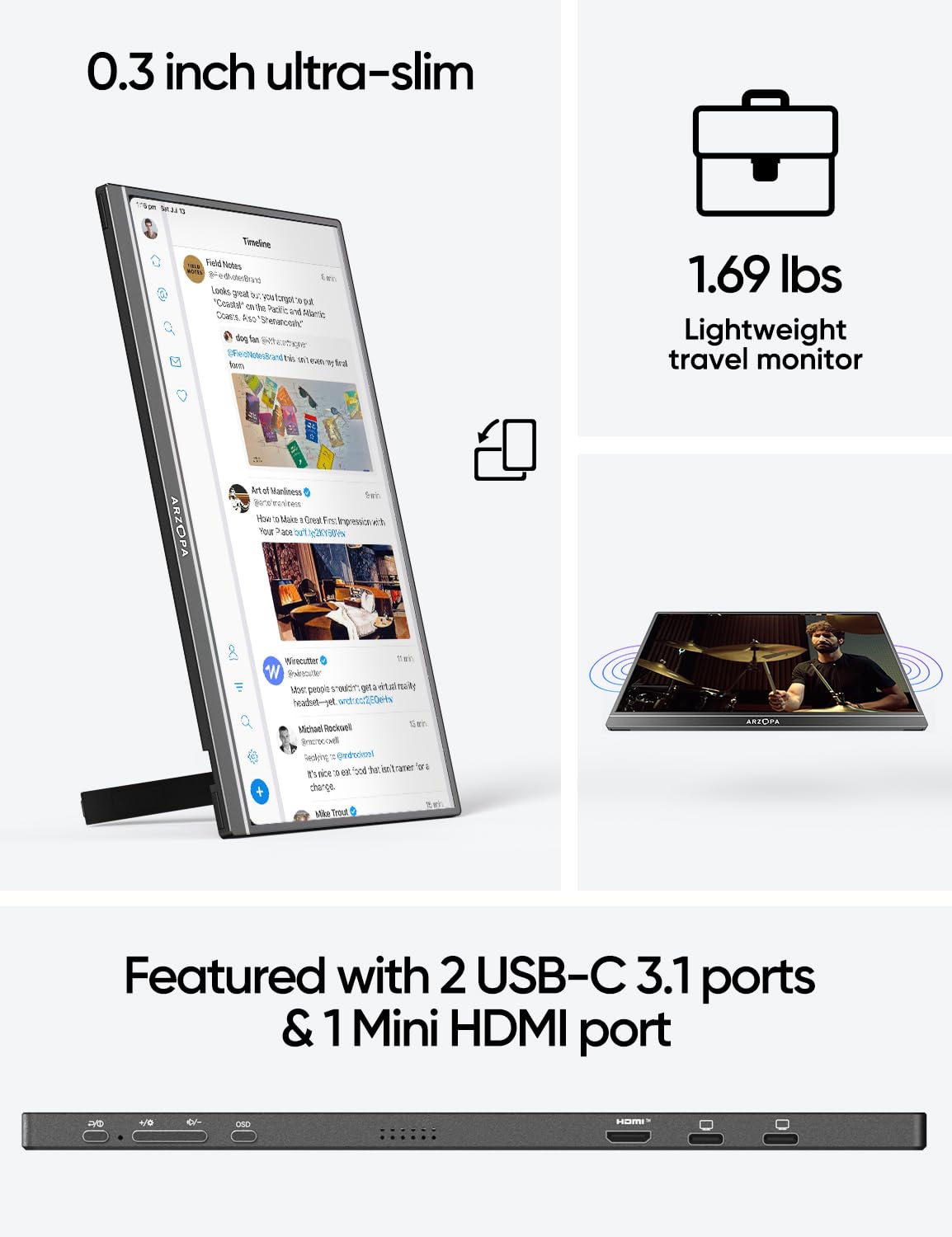 Arzopa Portable Laptop Monitor Black 1080P 17.3'' FHD IPS A1M - Image 2