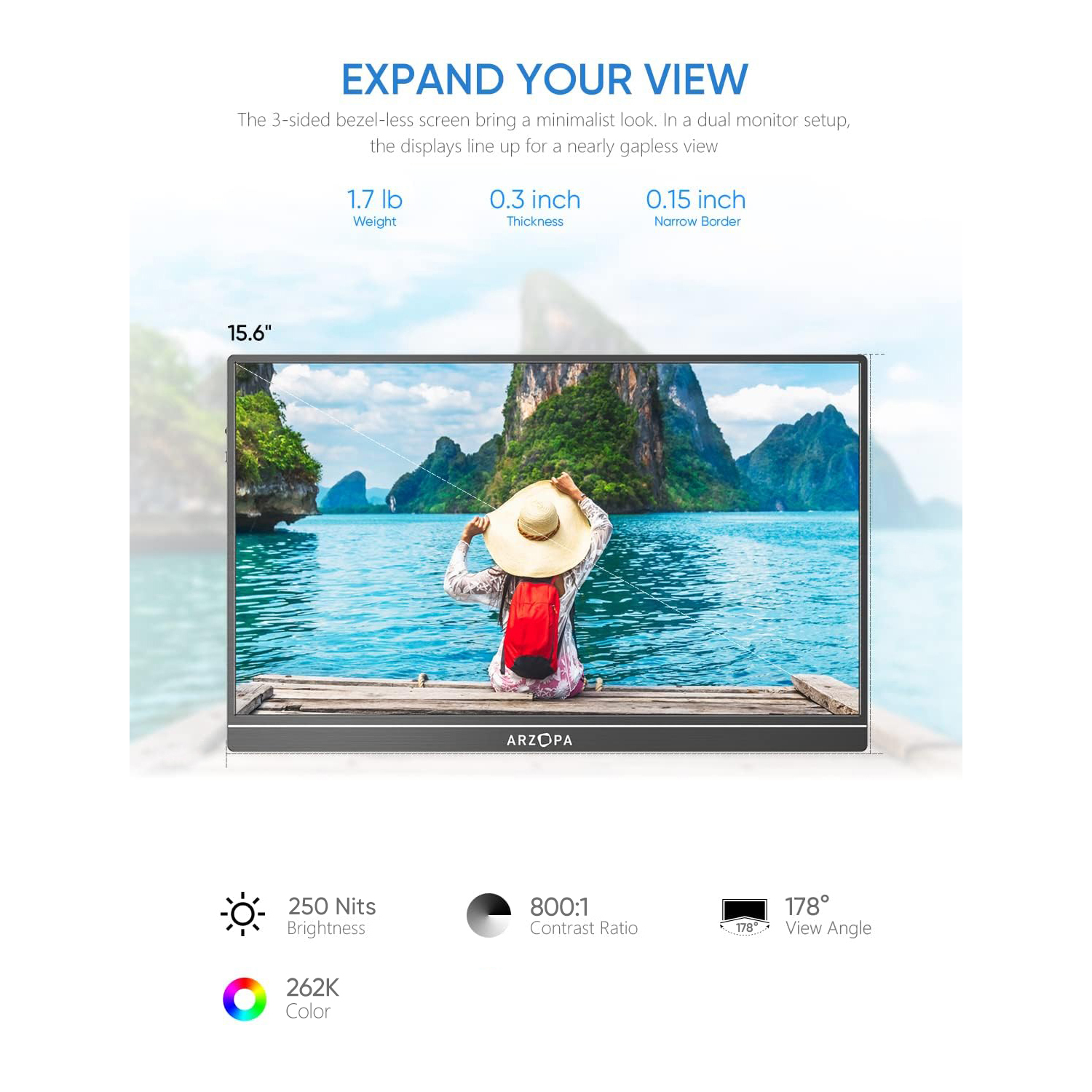 Arzopa Portable Laptop Monitor Black 15.6'' FHD 1080P S1 TABLE - Image 2