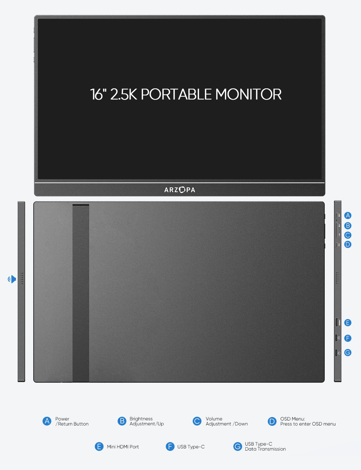 Arzopa 2.5K 16" Portable Monitor Black Z1RC - Image 3
