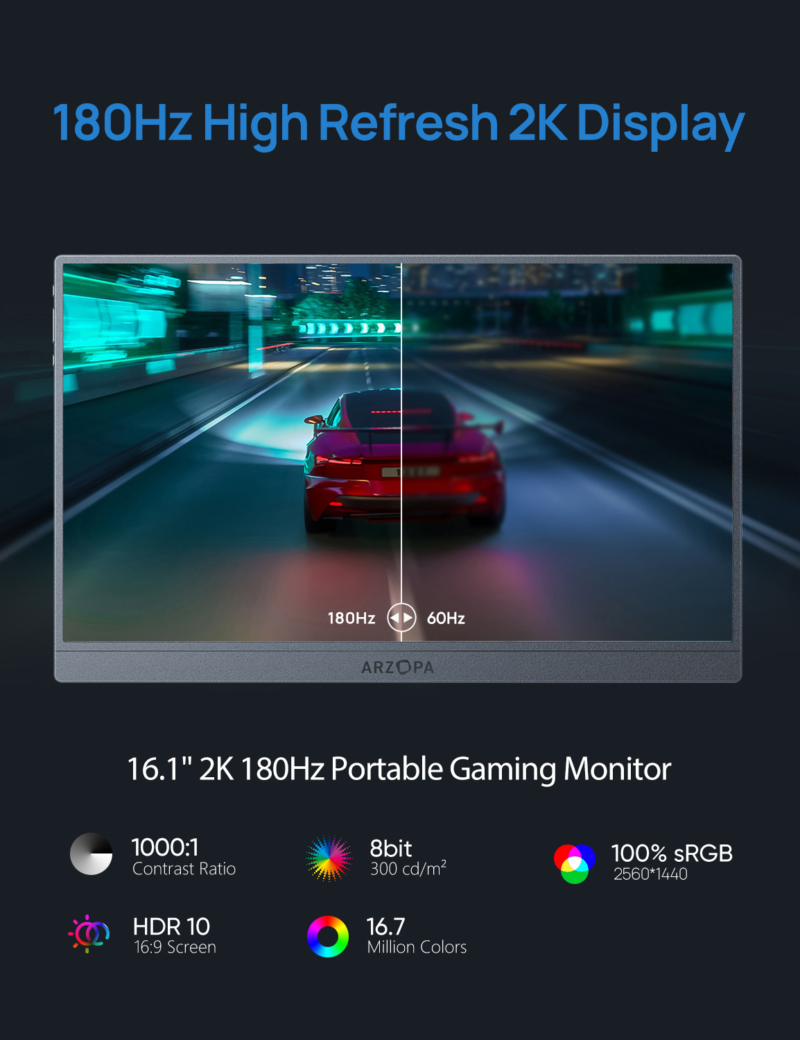 Arzopa 16.1" Portable Gaming Monitor Space Grey 2K QHD 180Hz Z3FC - Image 4