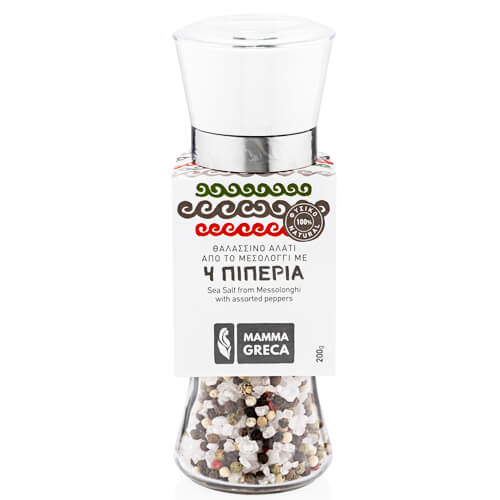 Mamma Greca Αλάτι Μεσολογγίου Με 4 Πιπέρια 170gr (Βάζο Με Μύλο)