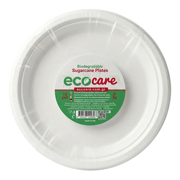 Στοίβα λευκά πιάτα Ecocare από ζαχαροκάλαμο 26cm, 10 τεμάχια
