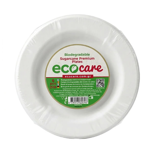 Ecocare Πιατα Απο Ζαχαροκαλαμο Premium 18CM - (6τεμ.)