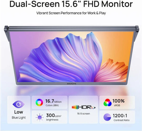 Arzopa E1 Φορητή Διπλή Οθόνη 15.6" Dual-Screen FHD IPS 1080P με Αναδιπλούμενη Βάση 360° - Image 6